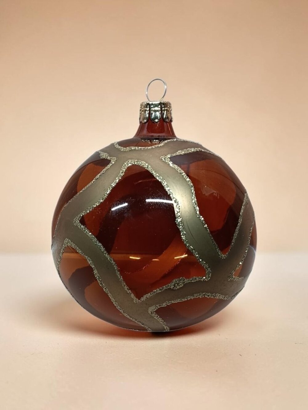 Ornament Glossy Brown Shimmering Gold Glitter Geometric Giraffe Pattern 3.5"